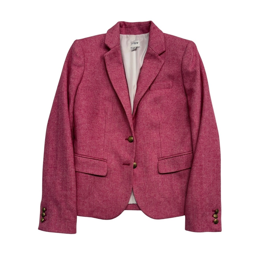 J Crew 0 Hot Pink Schoolboy Herringbone Blazer Jacket Wool Blend Soft Tweed